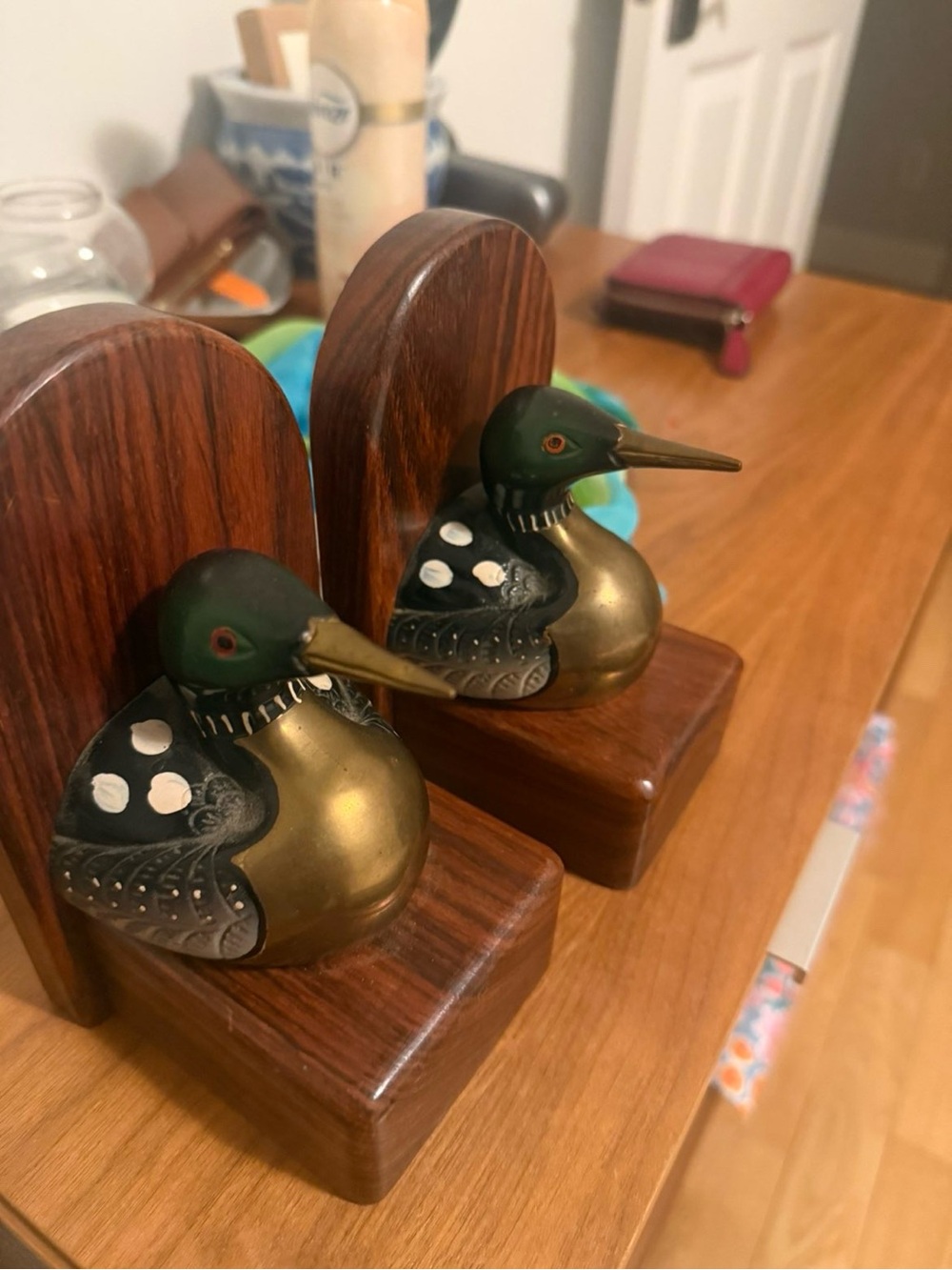 RARE Brass and Wood Loon Bookends - Green and Gold Duck Pair